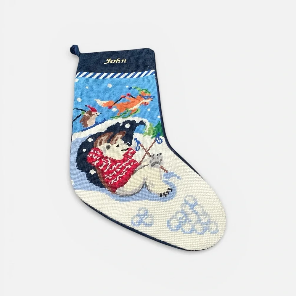 Festive Christmas Stocking Polar Bear  Needlepoint Monogrammed John